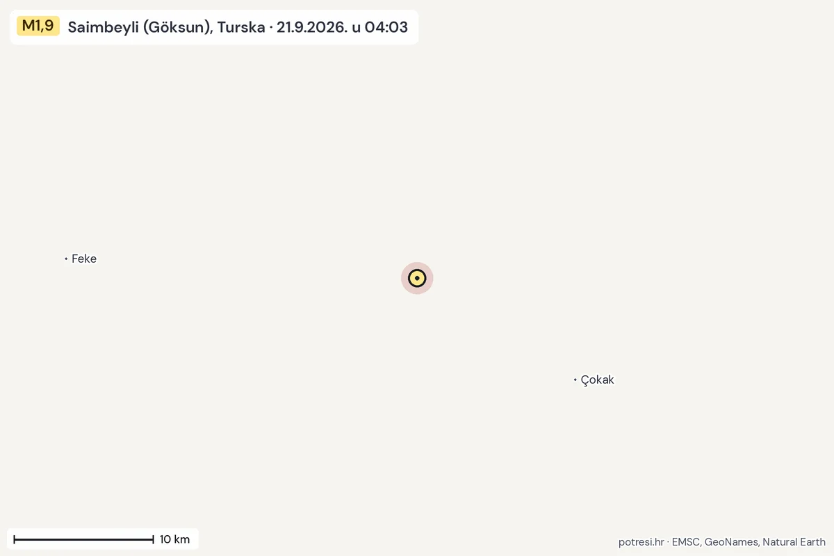 Karta: okolica epicentra, 60 km, potres M1,9, Saimbeyli (Göksun), Turska, 21.9.2026.