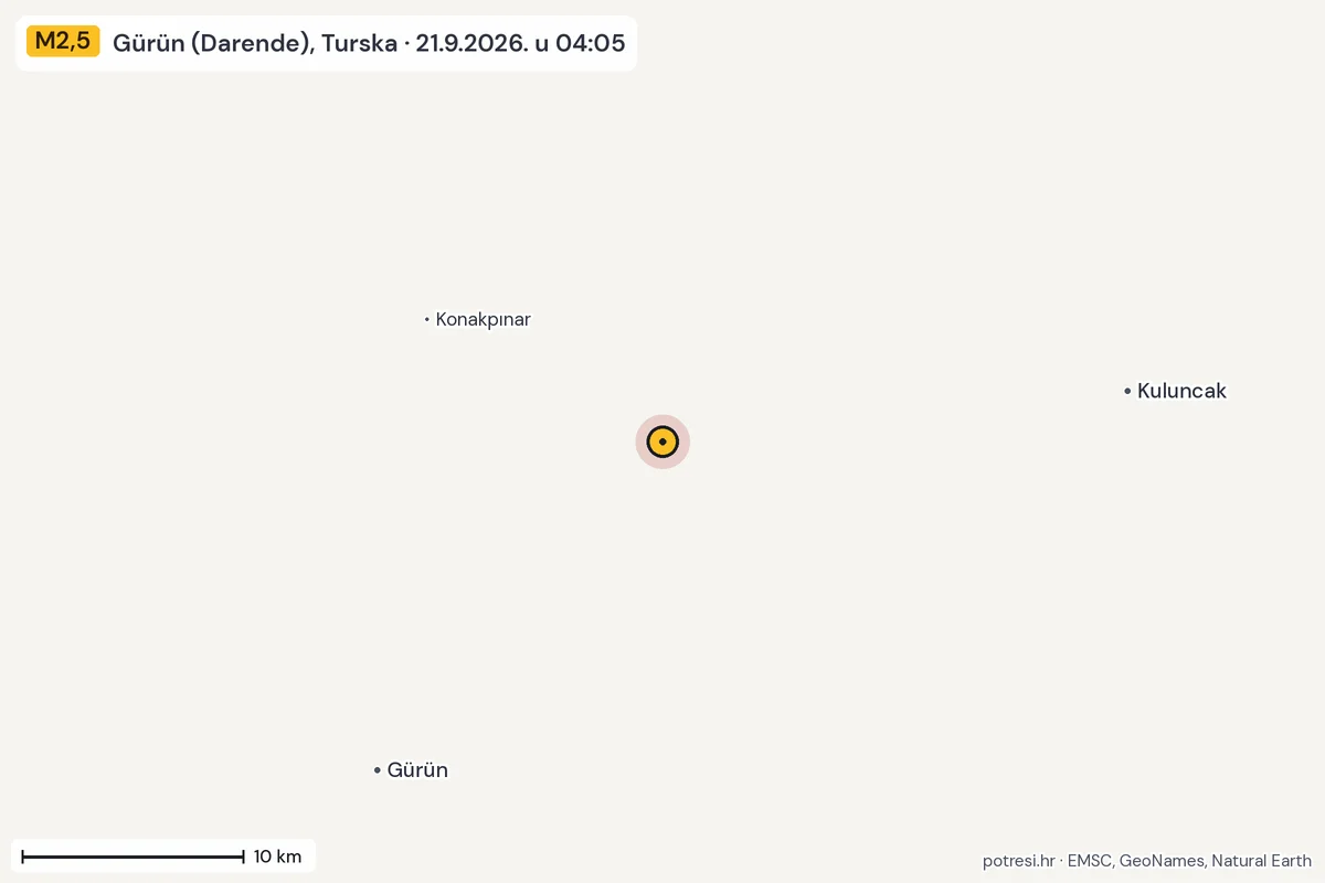 Karta: okolica epicentra, 60 km, potres M2,5, Gürün (Darende), Turska, 21.9.2026.