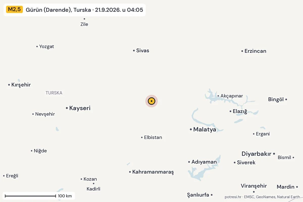 Karta: šire područje, 600 km, potres M2,5, Gürün (Darende), Turska, 21.9.2026.