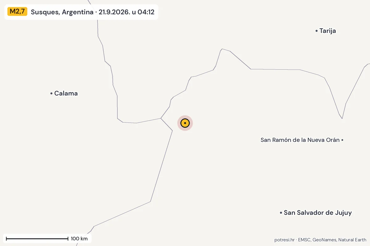 Karta: šire područje, 600 km, potres M2,7, Susques, Argentina, 21.9.2026.