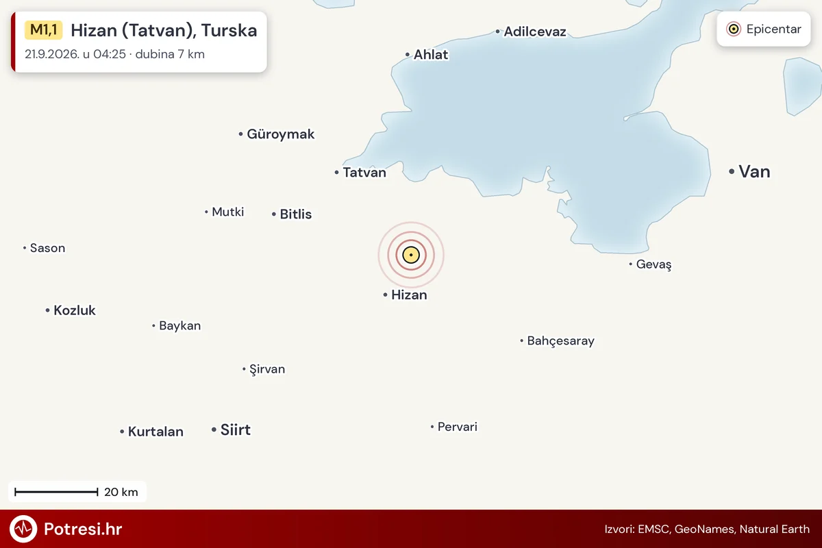 Karta: šire područje i vjerojatni doseg osjeta, potres M1,1, Hizan (Tatvan), Turska, 21.9.2026.