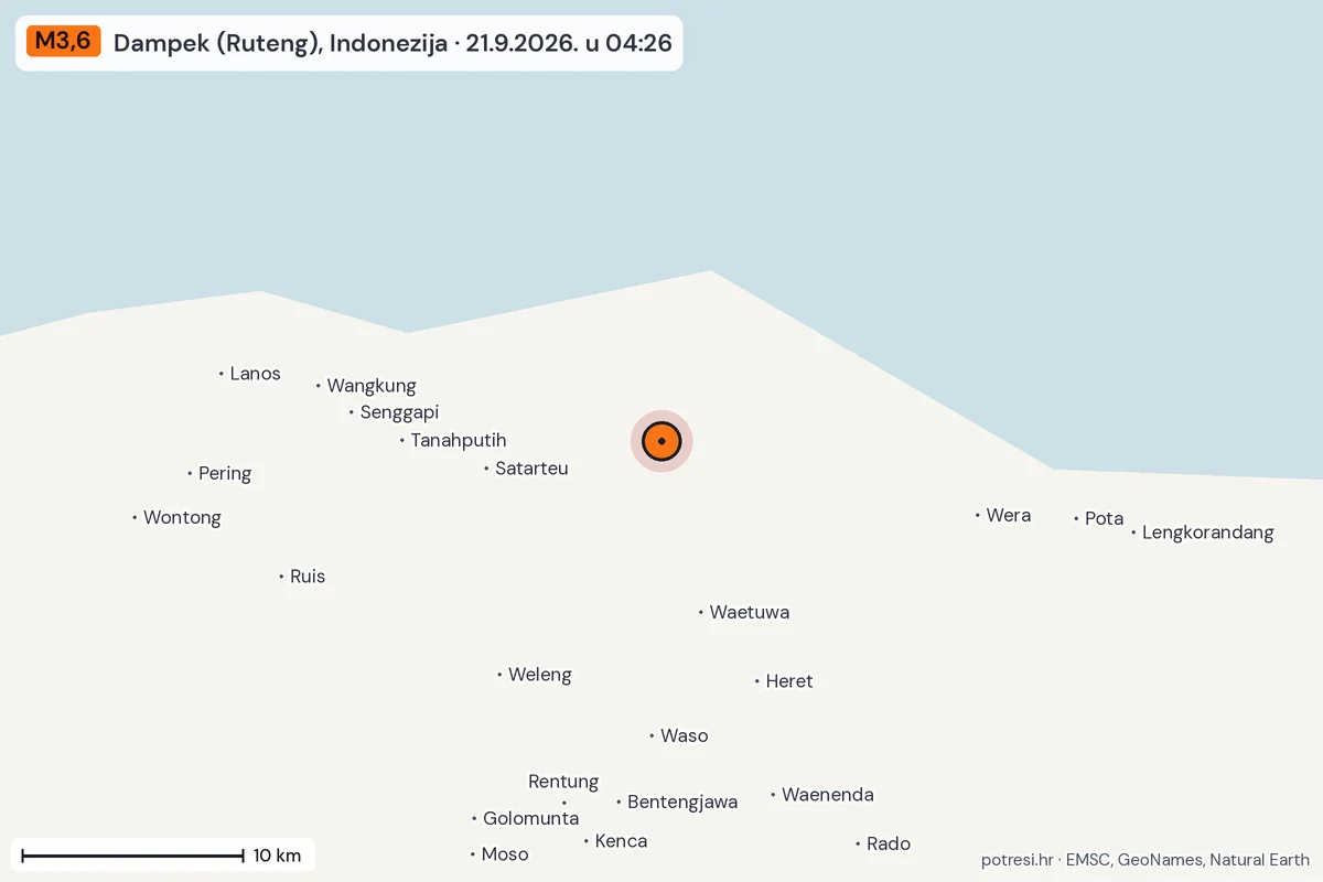 Karta: okolica epicentra, 60 km, potres M3,6, Dampek (Ruteng), Indonezija, 21.9.2026.