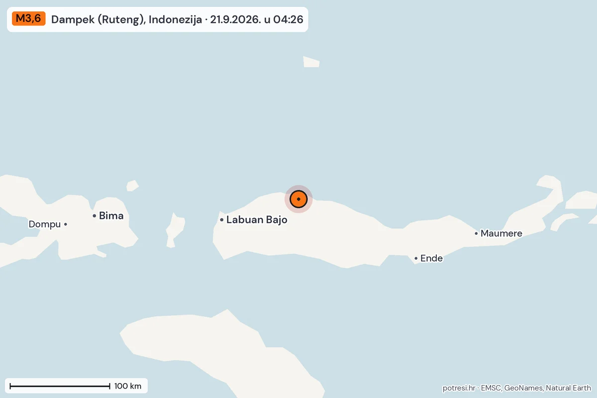 Karta: šire područje, 600 km, potres M3,6, Dampek (Ruteng), Indonezija, 21.9.2026.