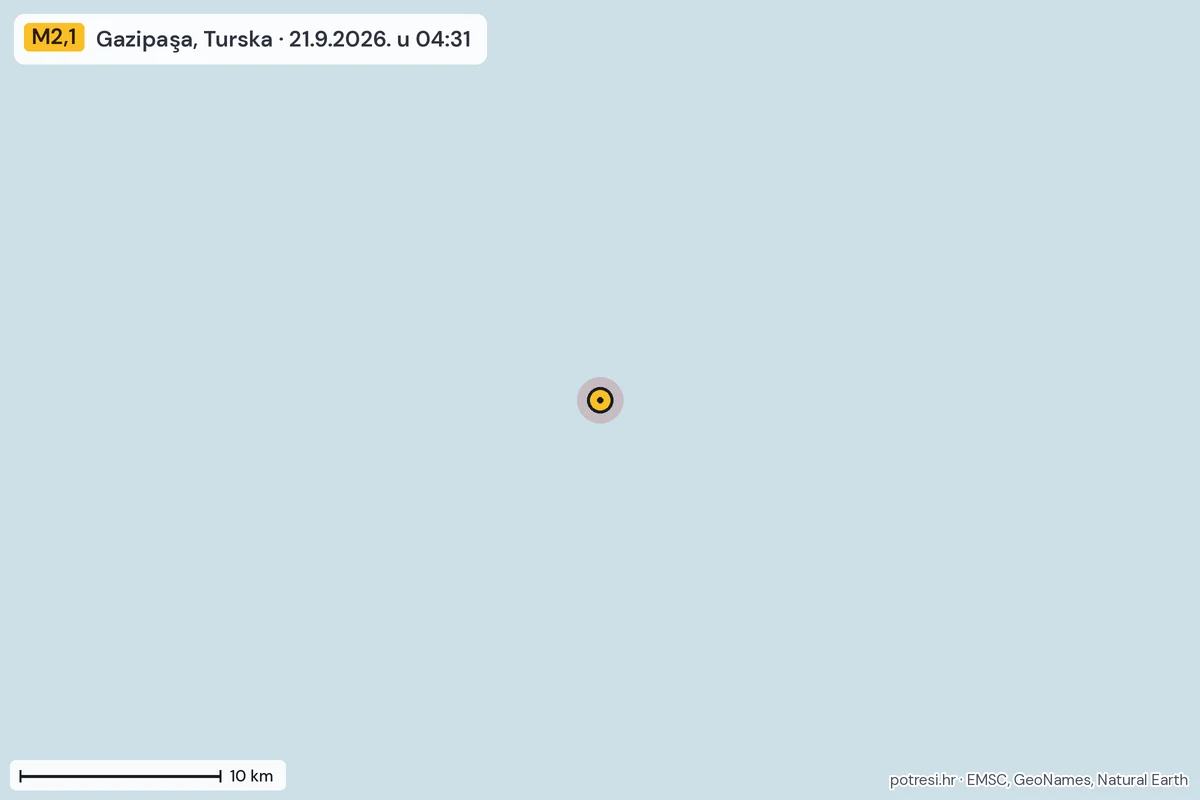 Karta: okolica epicentra, 60 km, potres M2,1, Gazipaşa, Turska, 21.9.2026.