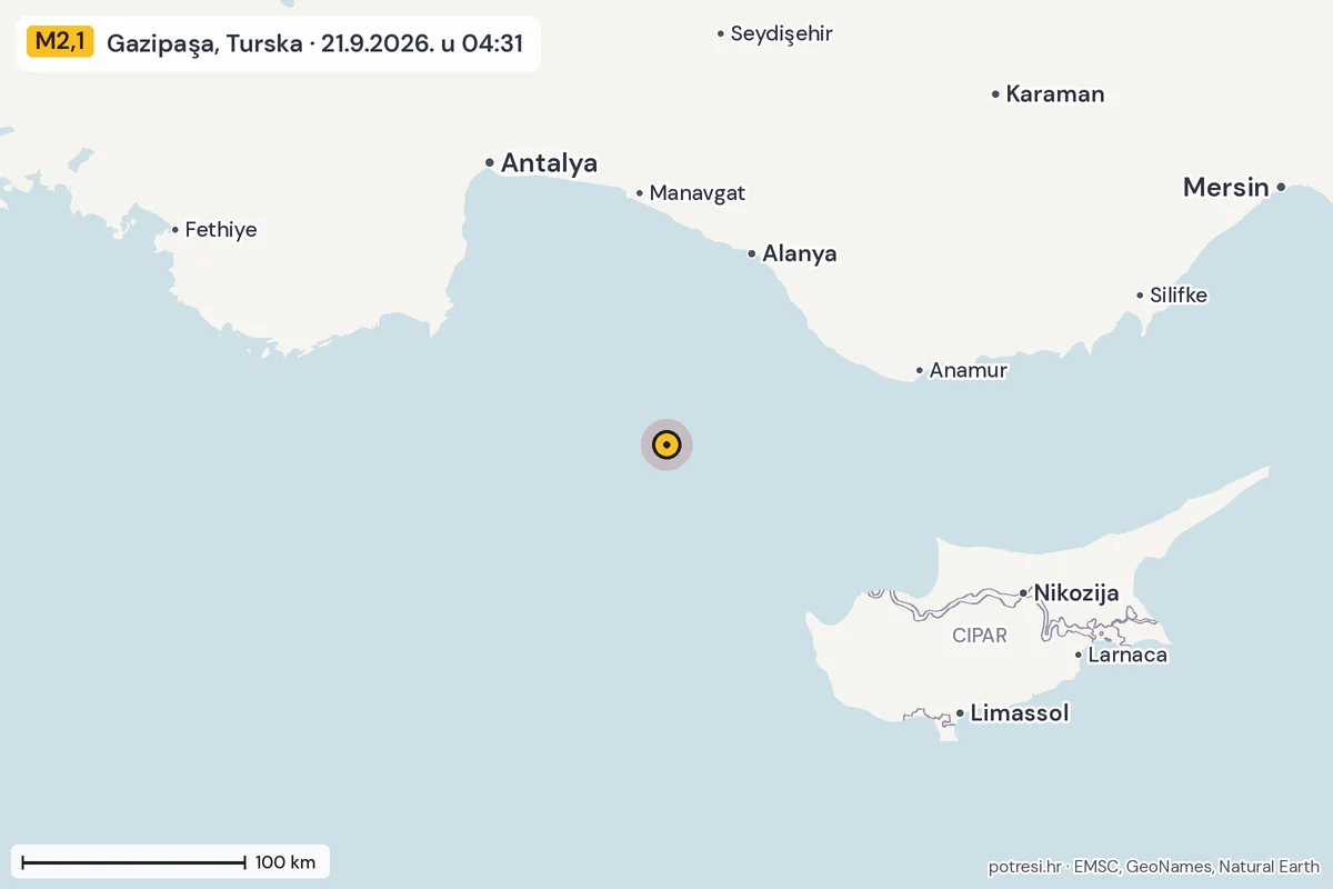Karta: šire područje, 600 km, potres M2,1, Gazipaşa, Turska, 21.9.2026.