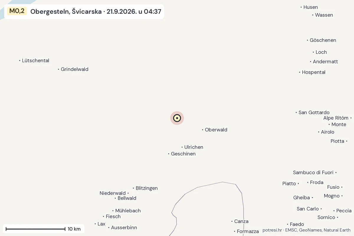 Karta: okolica epicentra, 60 km, potres M0,2, Obergesteln, Švicarska, 21.9.2026.