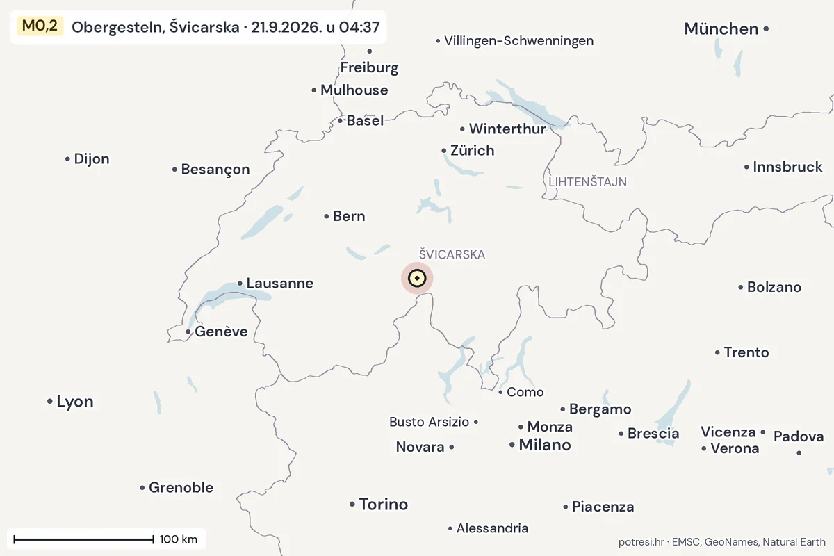 Karta: šire područje, 600 km, potres M0,2, Obergesteln, Švicarska, 21.9.2026.
