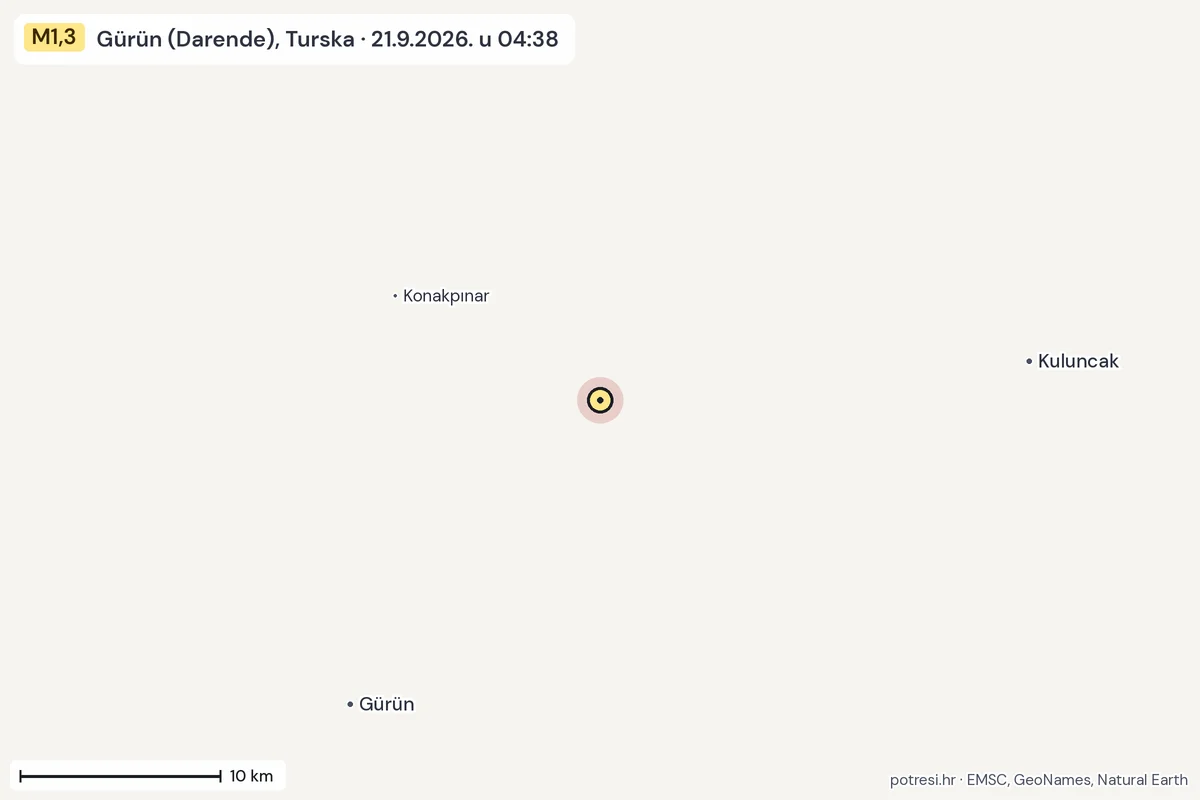 Karta: okolica epicentra, 60 km, potres M1,3, Gürün (Darende), Turska, 21.9.2026.