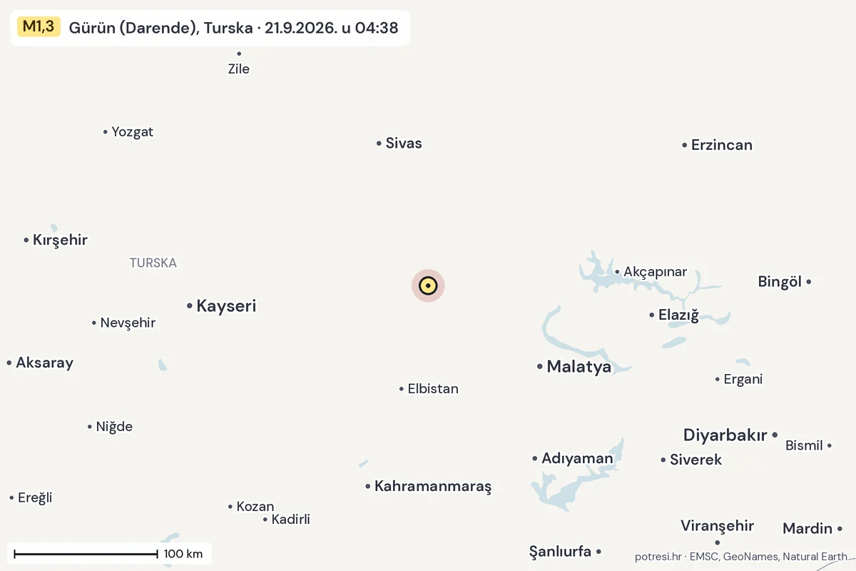Karta: šire područje, 600 km, potres M1,3, Gürün (Darende), Turska, 21.9.2026.