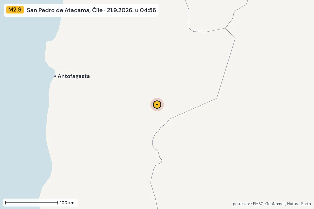 Karta: šire područje, 600 km, potres M2,9, San Pedro de Atacama, Čile, 21.9.2026.