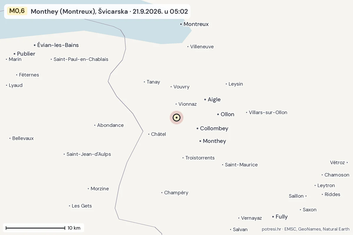 Karta: okolica epicentra, 60 km, potres M0,6, Monthey (Montreux), Švicarska, 21.9.2026.