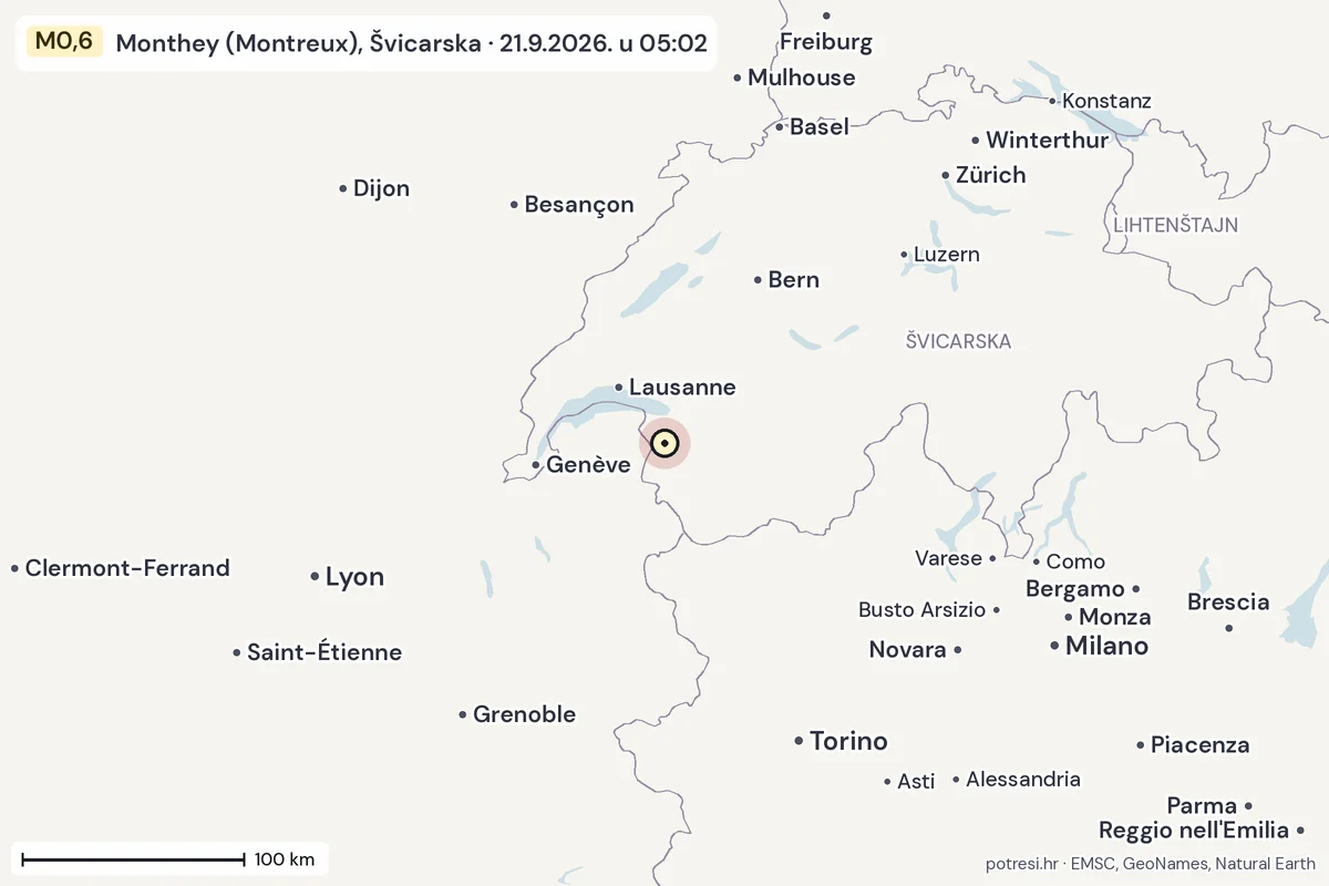 Karta: šire područje, 600 km, potres M0,6, Monthey (Montreux), Švicarska, 21.9.2026.