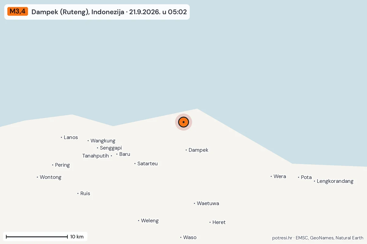 Karta: okolica epicentra, 60 km, potres M3,4, Dampek (Ruteng), Indonezija, 21.9.2026.