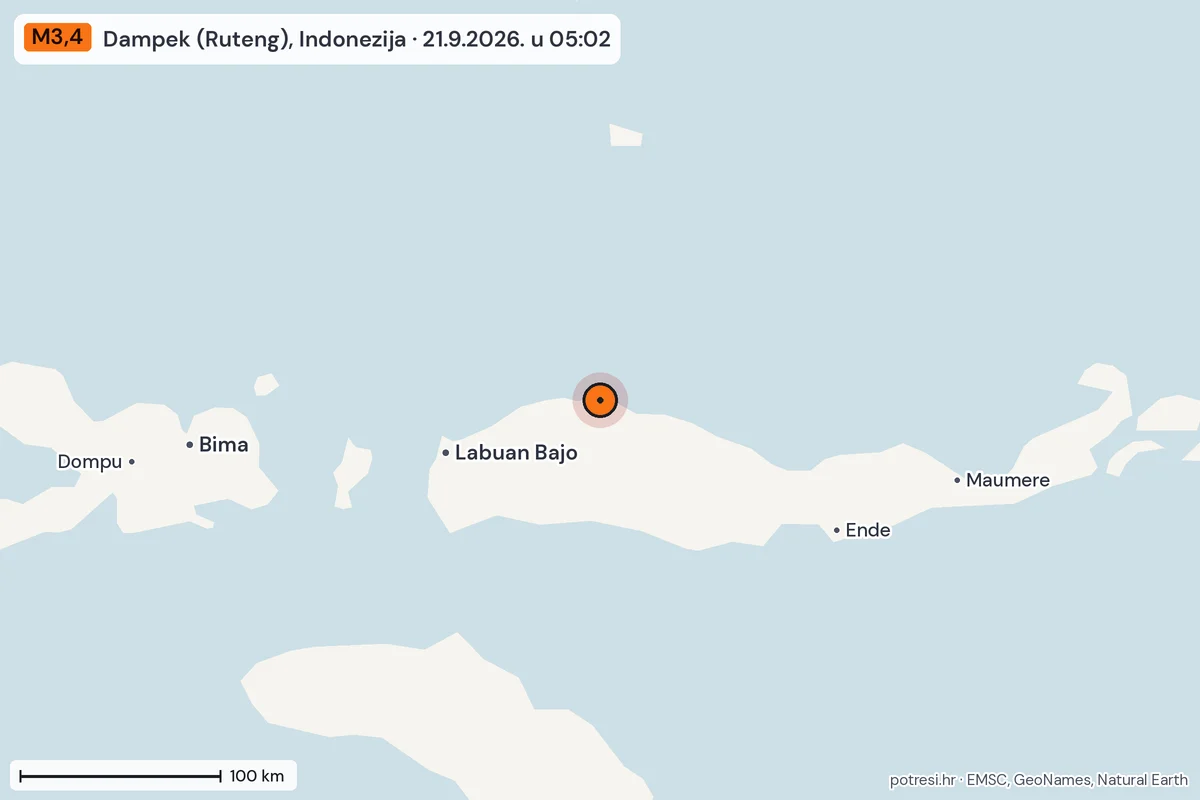 Karta: šire područje, 600 km, potres M3,4, Dampek (Ruteng), Indonezija, 21.9.2026.
