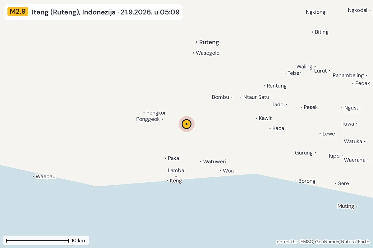 Karta: okolica epicentra, 60 km, potres M2,9, Iteng (Ruteng), Indonezija, 21.9.2026.