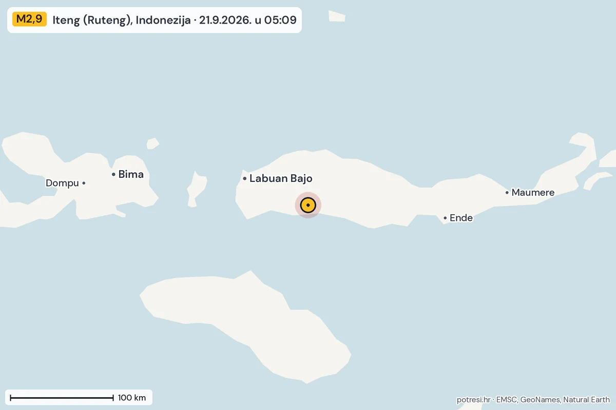 Karta: šire područje, 600 km, potres M2,9, Iteng (Ruteng), Indonezija, 21.9.2026.