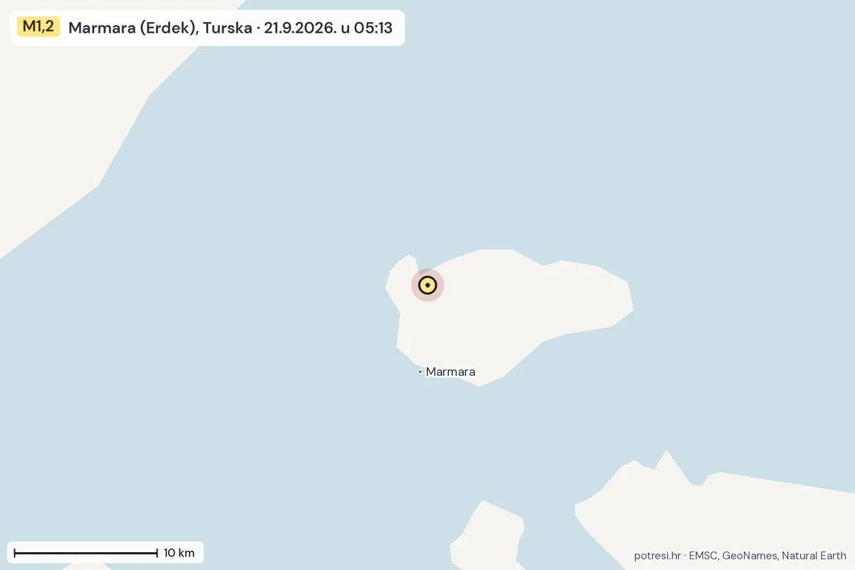 Karta: okolica epicentra, 60 km, potres M1,2, Marmara (Erdek), Turska, 21.9.2026.