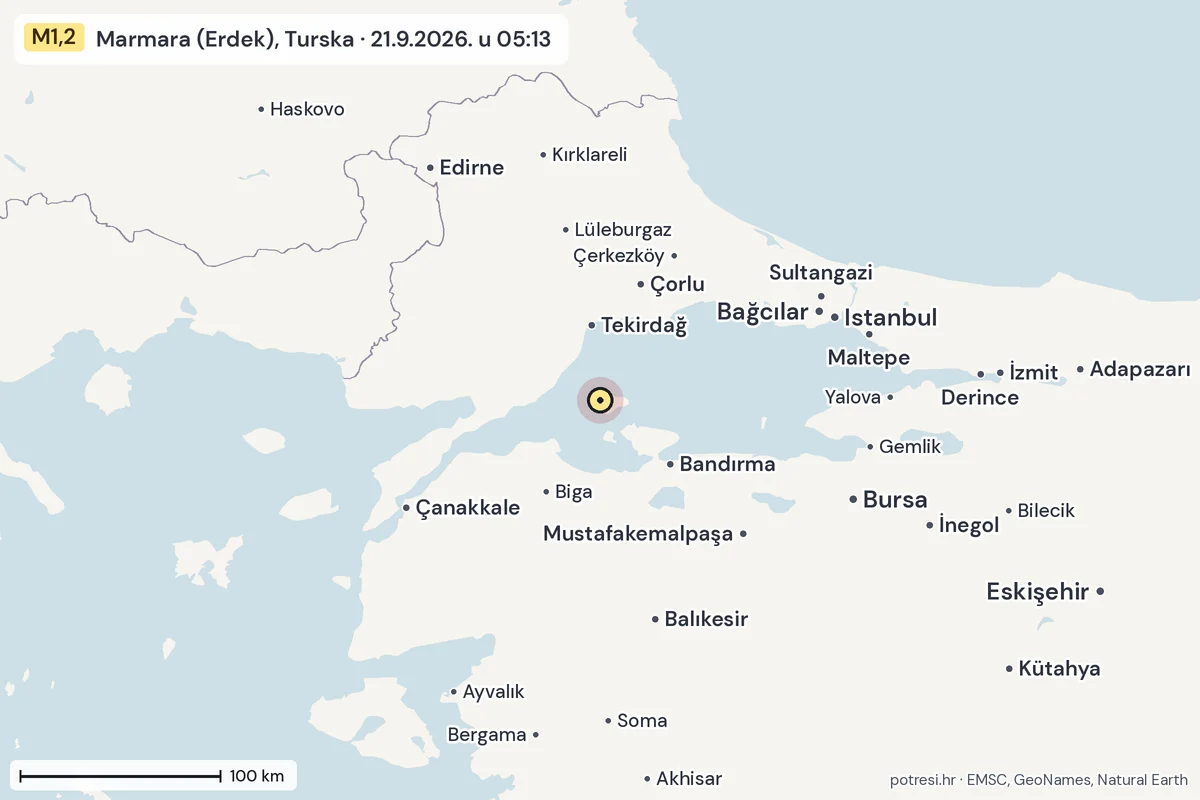 Karta: šire područje, 600 km, potres M1,2, Marmara (Erdek), Turska, 21.9.2026.