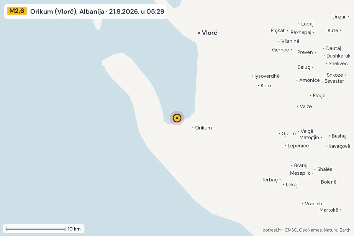 Karta: okolica epicentra, 60 km, potres M2,6, Orikum (Vlorë), Albanija, 21.9.2026.
