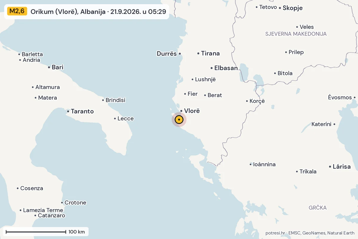 Karta: šire područje, 600 km, potres M2,6, Orikum (Vlorë), Albanija, 21.9.2026.