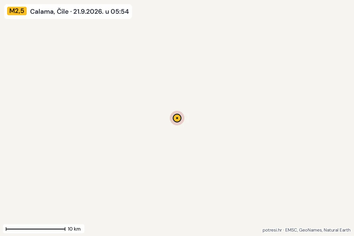 Karta: okolica epicentra, 60 km, potres M2,5, Calama, Čile, 21.9.2026.