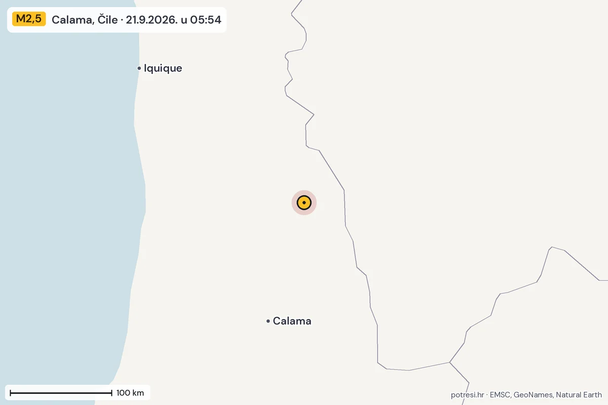 Karta: šire područje, 600 km, potres M2,5, Calama, Čile, 21.9.2026.