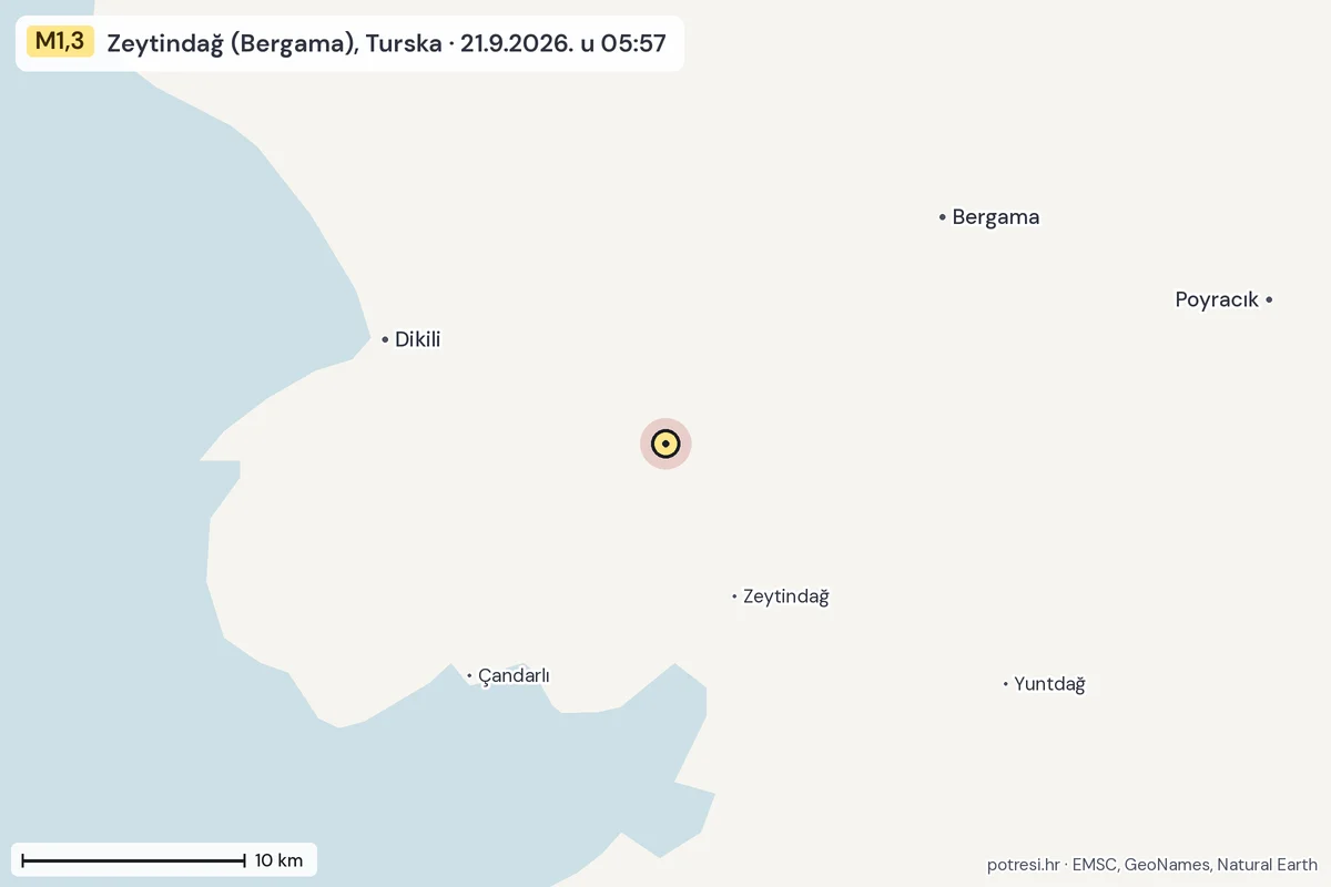 Karta: okolica epicentra, 60 km, potres M1,3, Zeytindağ (Bergama), Turska, 21.9.2026.