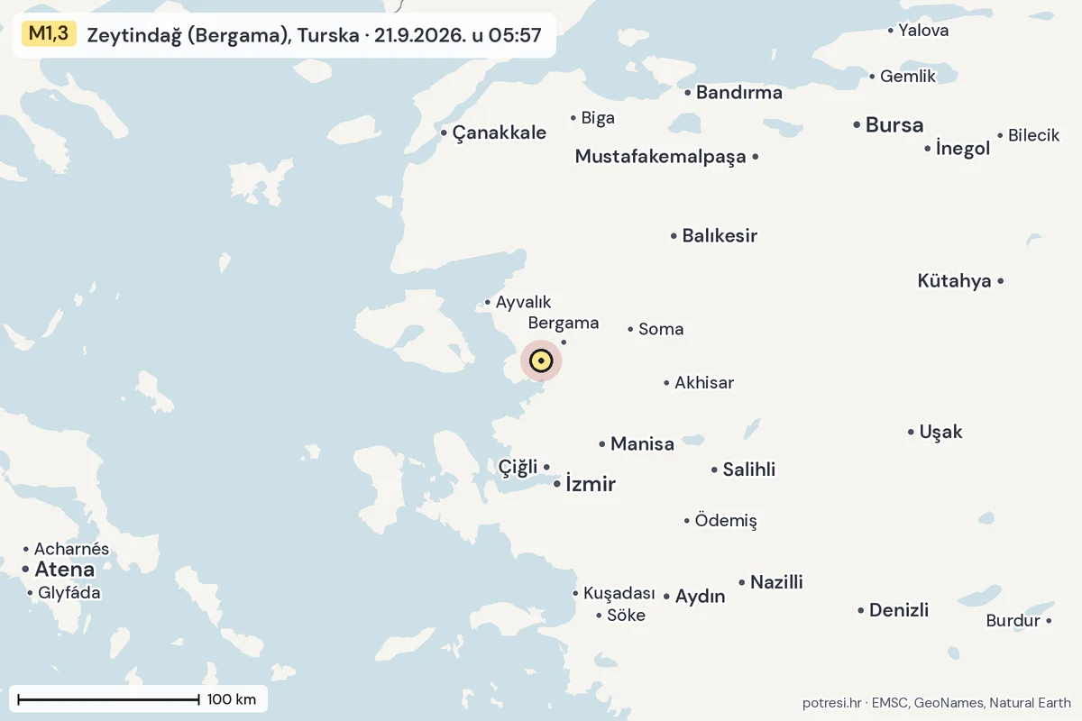 Karta: šire područje, 600 km, potres M1,3, Zeytindağ (Bergama), Turska, 21.9.2026.