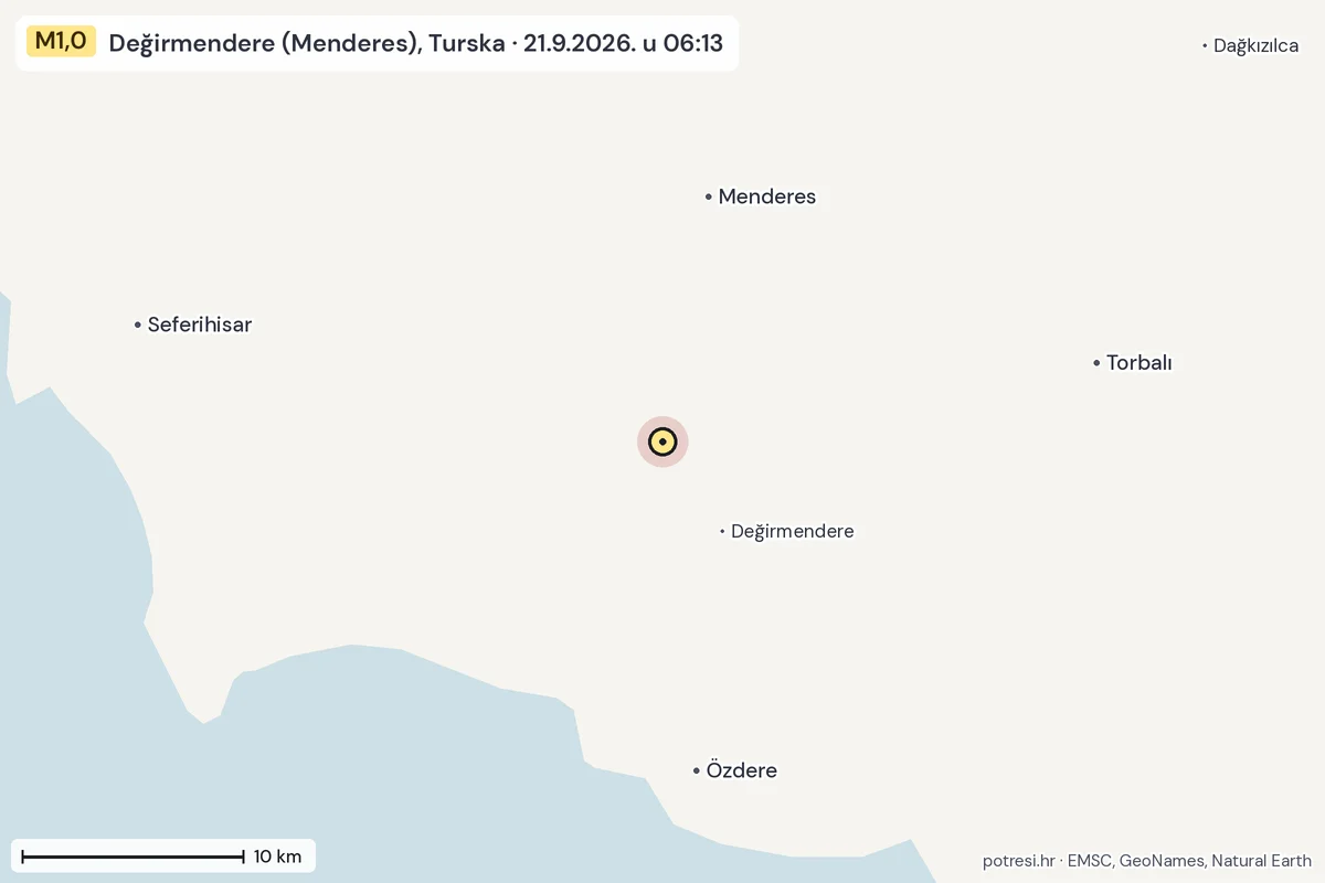 Karta: okolica epicentra, 60 km, potres M1,0, Değirmendere (Menderes), Turska, 21.9.2026.