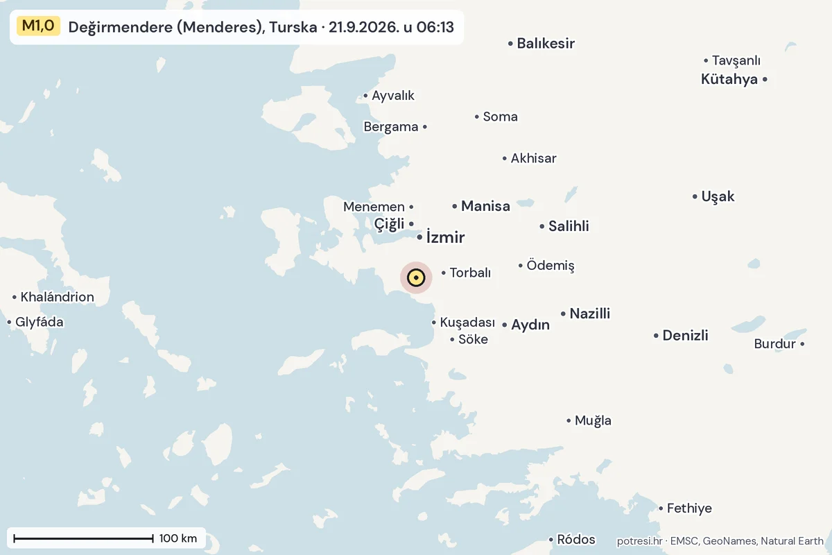 Karta: šire područje, 600 km, potres M1,0, Değirmendere (Menderes), Turska, 21.9.2026.
