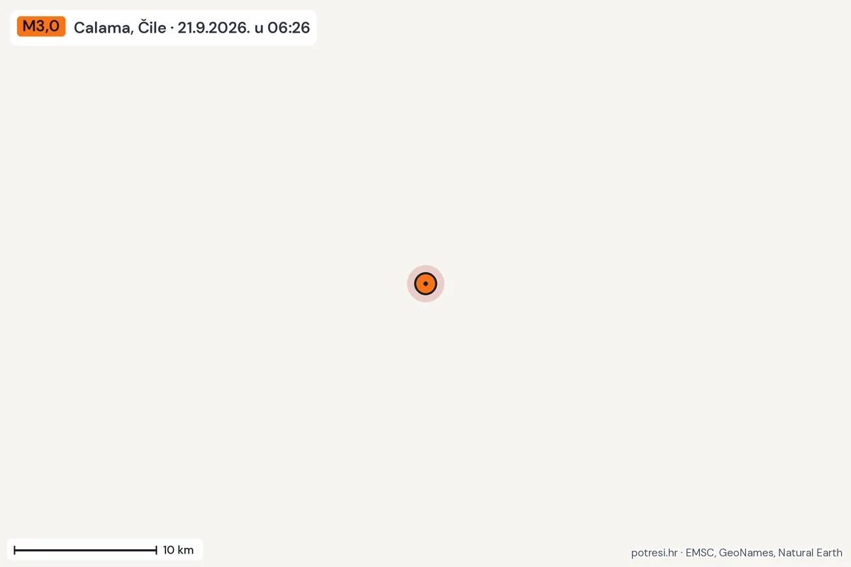 Karta: okolica epicentra, 60 km, potres M3,0, Calama, Čile, 21.9.2026.