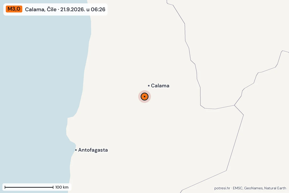 Karta: šire područje, 600 km, potres M3,0, Calama, Čile, 21.9.2026.
