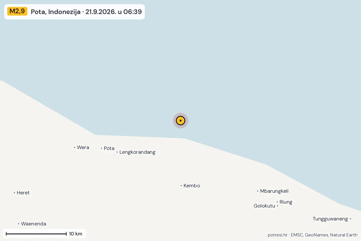 Karta: okolica epicentra, 60 km, potres M2,9, Pota, Indonezija, 21.9.2026.