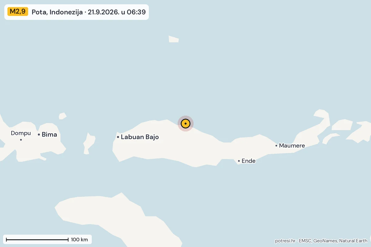 Karta: šire područje, 600 km, potres M2,9, Pota, Indonezija, 21.9.2026.