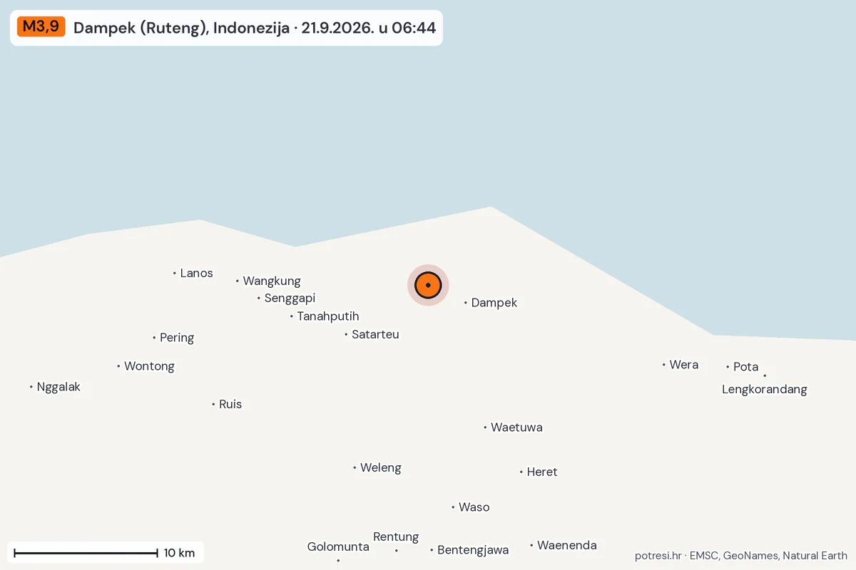 Karta: okolica epicentra, 60 km, potres M3,9, Dampek (Ruteng), Indonezija, 21.9.2026.