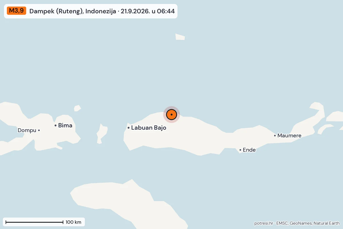 Karta: šire područje, 600 km, potres M3,9, Dampek (Ruteng), Indonezija, 21.9.2026.