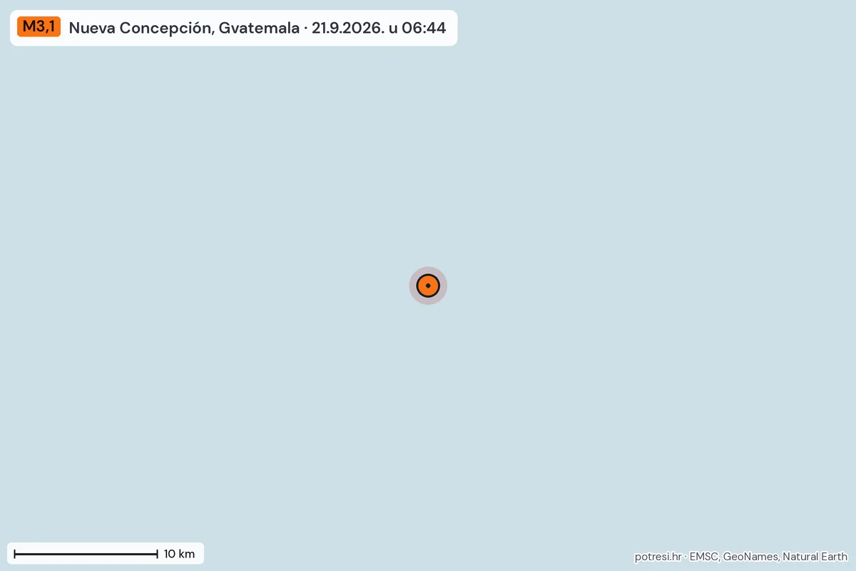 Karta: okolica epicentra, 60 km, potres M3,1, Nueva Concepción, Gvatemala, 21.9.2026.