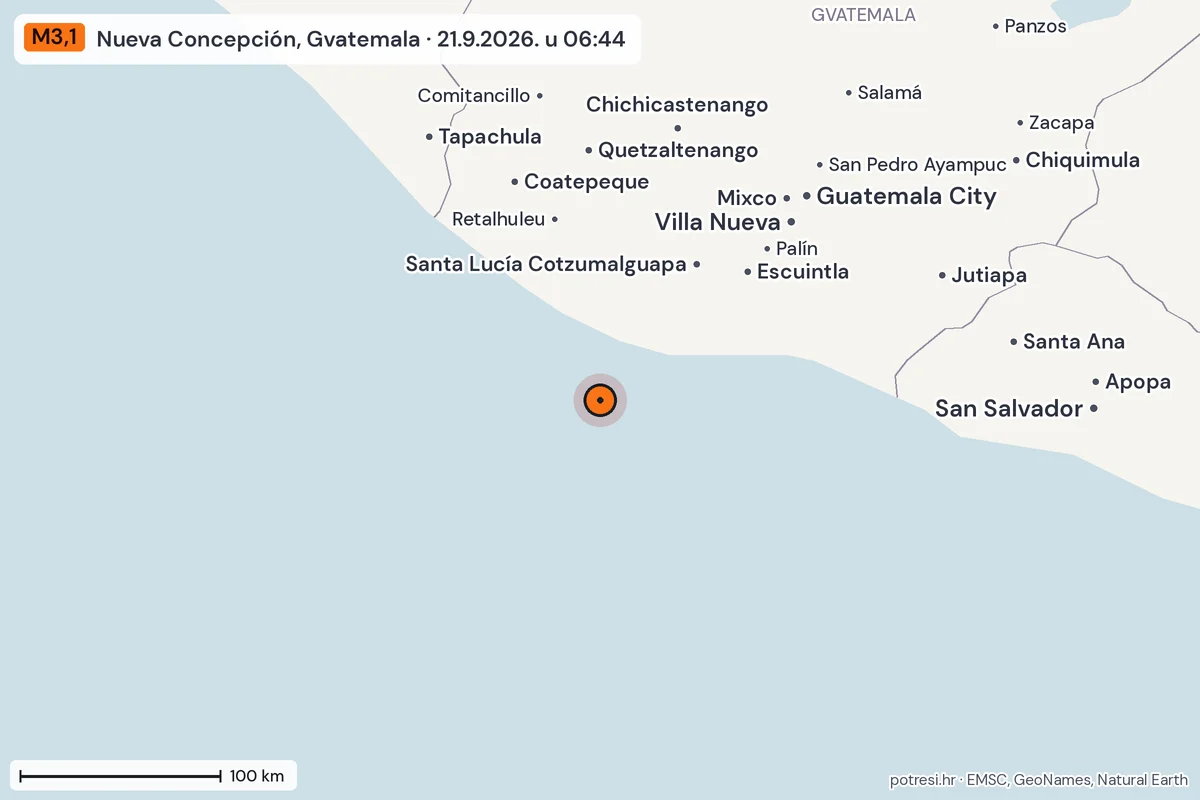 Karta: šire područje, 600 km, potres M3,1, Nueva Concepción, Gvatemala, 21.9.2026.