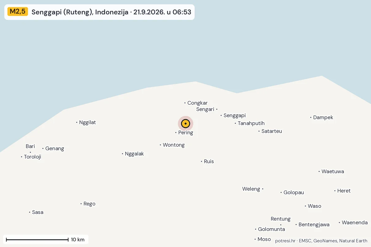Karta: okolica epicentra, 60 km, potres M2,5, Senggapi (Ruteng), Indonezija, 21.9.2026.