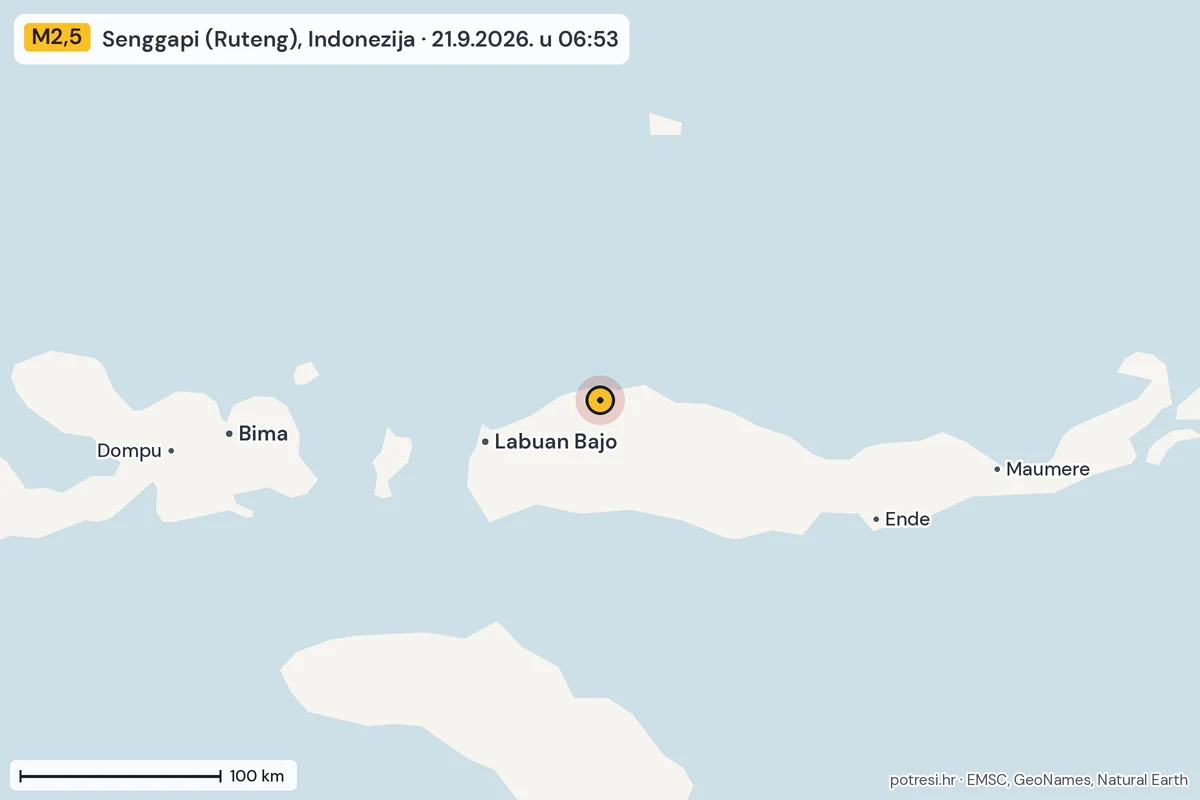 Karta: šire područje, 600 km, potres M2,5, Senggapi (Ruteng), Indonezija, 21.9.2026.