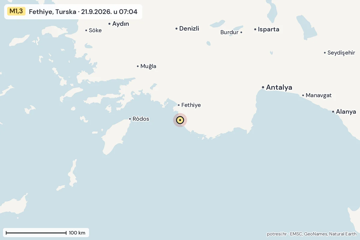 Karta: šire područje, 600 km, potres M1,3, Fethiye, Turska, 21.9.2026.