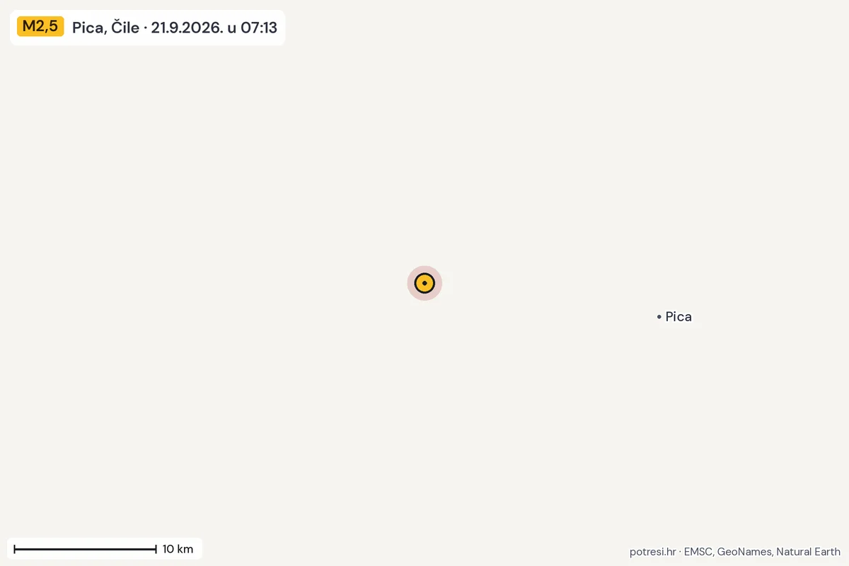 Karta: okolica epicentra, 60 km, potres M2,5, Pica, Čile, 21.9.2026.