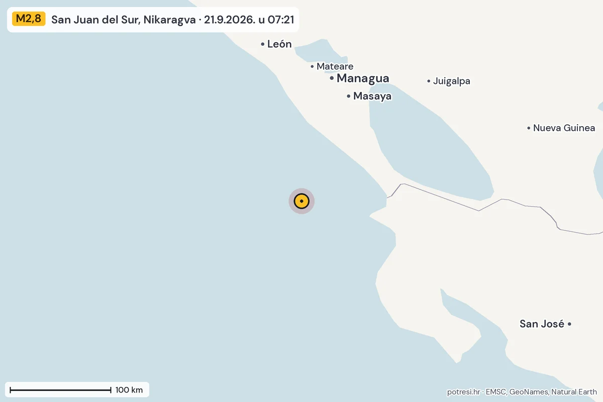 Karta: šire područje, 600 km, potres M2,8, San Juan del Sur, Nikaragva, 21.9.2026.
