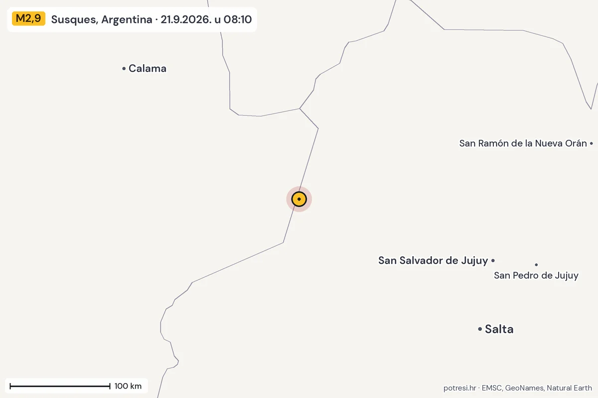 Karta: šire područje, 600 km, potres M2,9, Susques, Argentina, 21.9.2026.