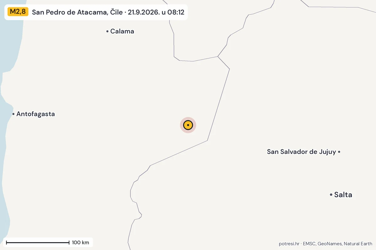 Karta: šire područje, 600 km, potres M2,8, San Pedro de Atacama, Čile, 21.9.2026.