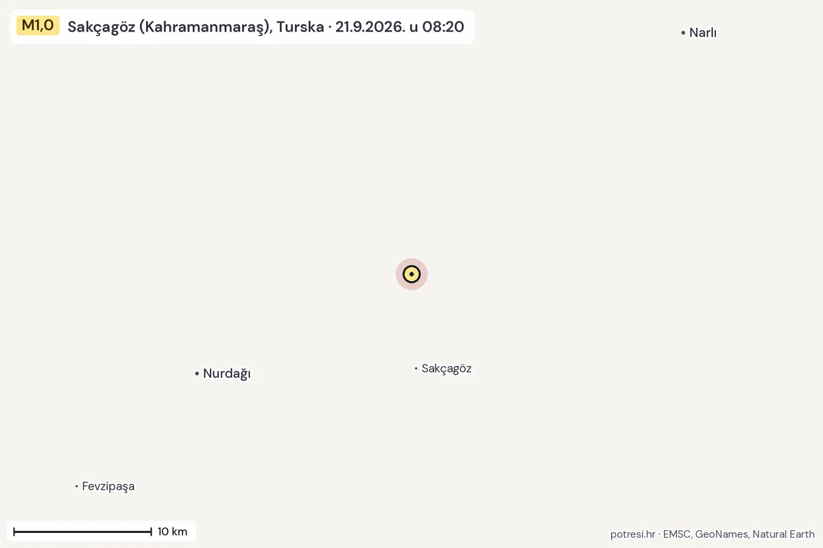 Karta: okolica epicentra, 60 km, potres M1,0, Sakçagöz (Kahramanmaraş), Turska, 21.9.2026.