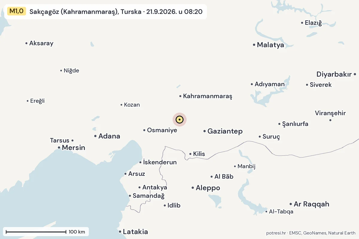 Karta: šire područje, 600 km, potres M1,0, Sakçagöz (Kahramanmaraş), Turska, 21.9.2026.