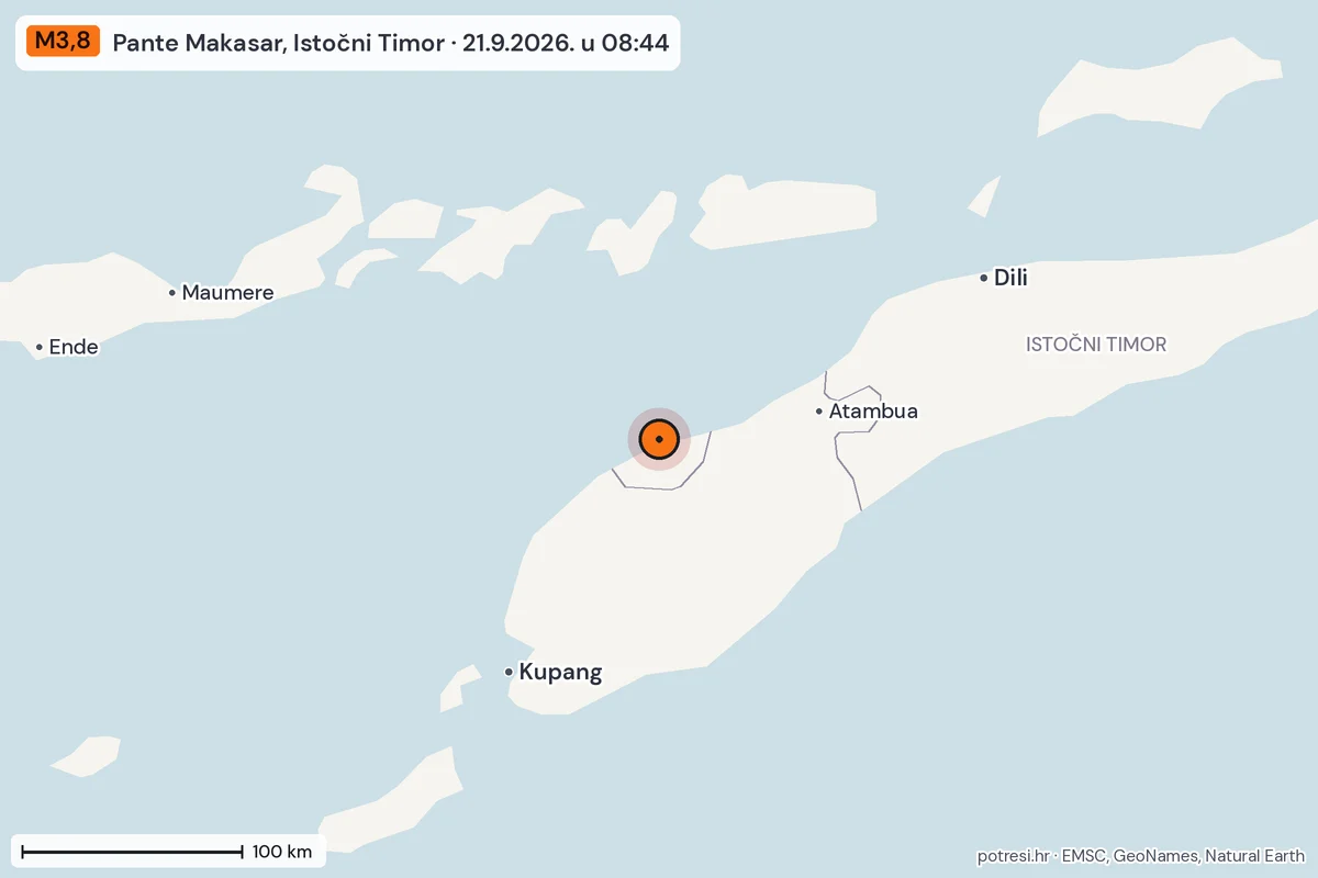 Karta: šire područje, 600 km, potres M3,8, Pante Makasar, Istočni Timor, 21.9.2026.
