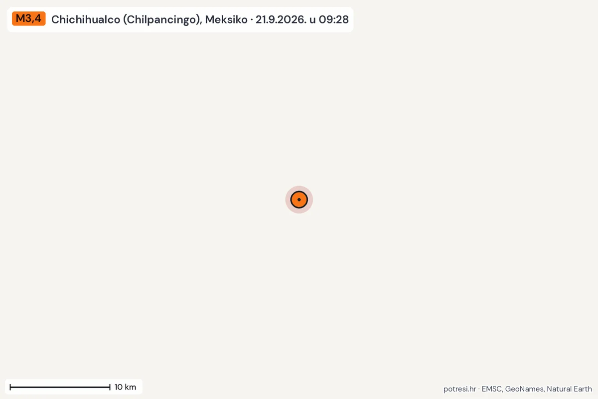 Karta: okolica epicentra, 60 km, potres M3,4, Chichihualco (Chilpancingo), Meksiko, 21.9.2026.