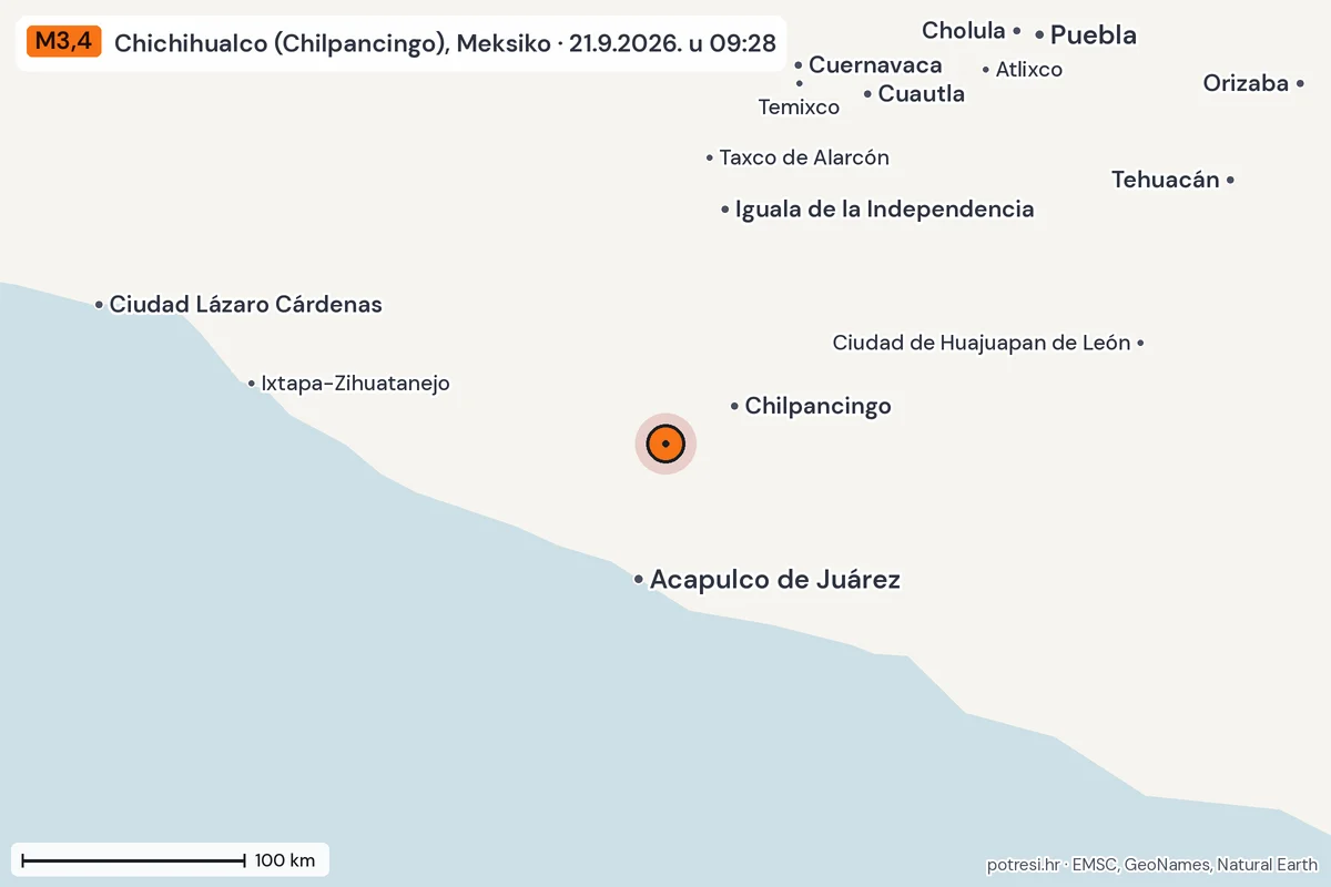 Karta: šire područje, 600 km, potres M3,4, Chichihualco (Chilpancingo), Meksiko, 21.9.2026.